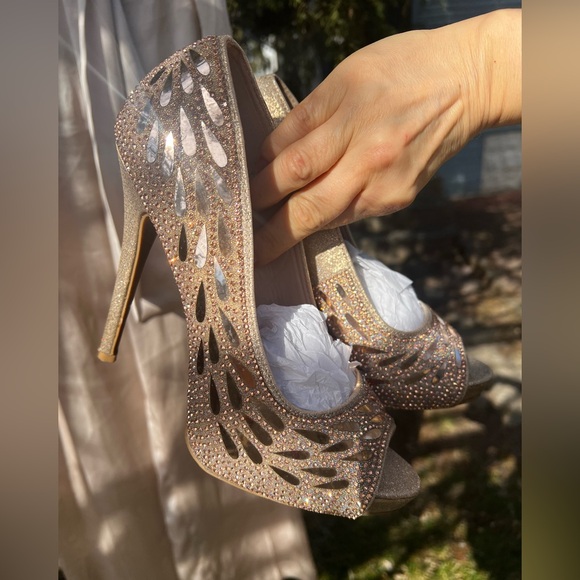 Rose Gold glitter Peacock Peeptoe heels stiletto platform formal open toe 8 - Picture 6 of 11